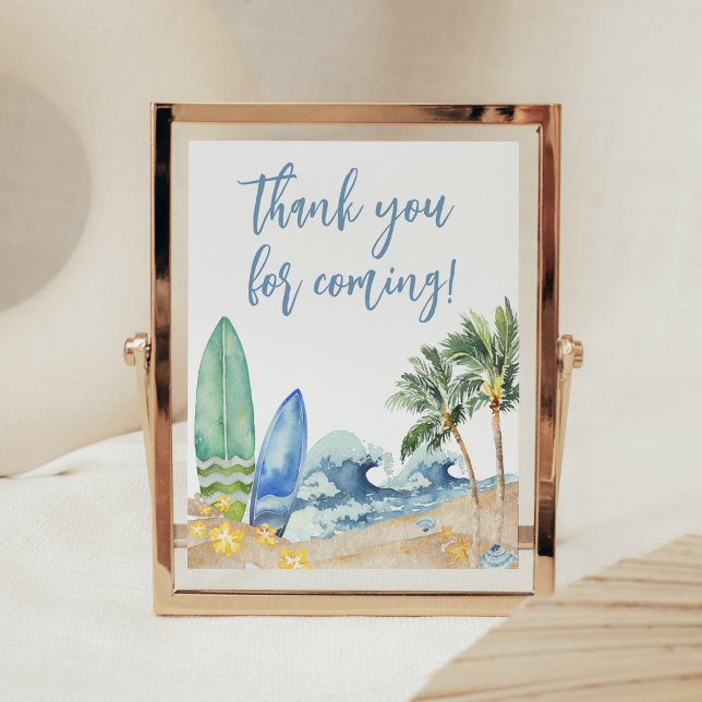Póster Bebé en la playa Gracias por venir (Surfing Summer Boy Baby Shower Thank you for Coming Sign)