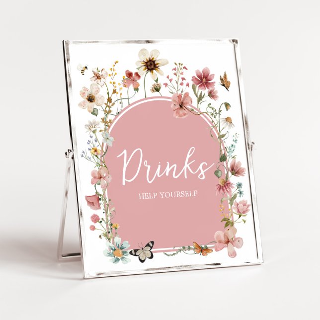Póster Bebé en las bebidas de flores silvestres en flor (Muted Pink Spring Flowers Baby Shower Drinks Sign)