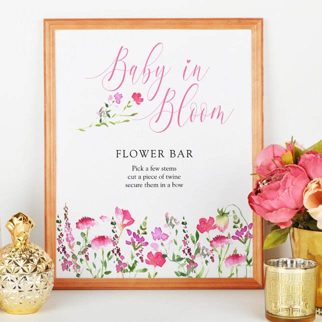 Póster Bebé en un Poster de bar de flores silvestres rosa (Baby in Bloom Flower Bar Sign from my Pink Wildflower Collection. Message me to create more items.)