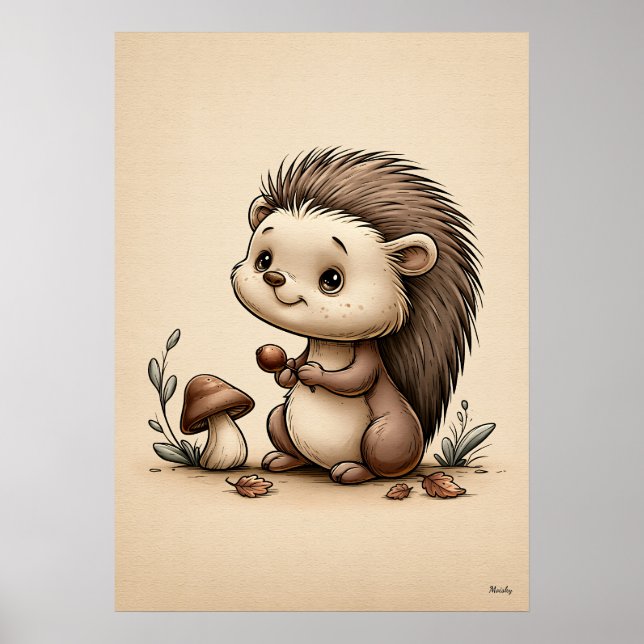 Póster Bebé Erizo Adorable Guardería Bosque Escandinavo (Frente)