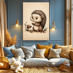 Póster Bebé Erizo Adorable Guardería Bosque Escandinavo