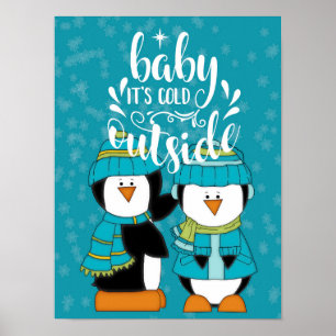 Póster Bebé está frío fuera de los pingüinos azul