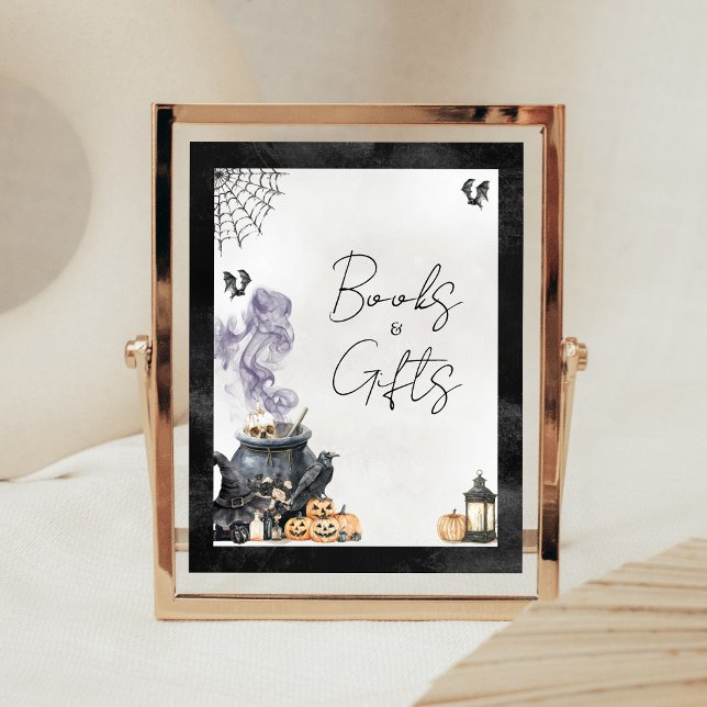 Póster Bebé está preparando Caldera de Bruja Libros y Reg (A Baby is Brewing Halloween Baby Shower Books and Gifts Sign)