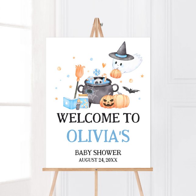 Póster Bebé está preparando la bienvenida azul de Hallowe (Baby is Brewing Baby Shower Welcome Sign)