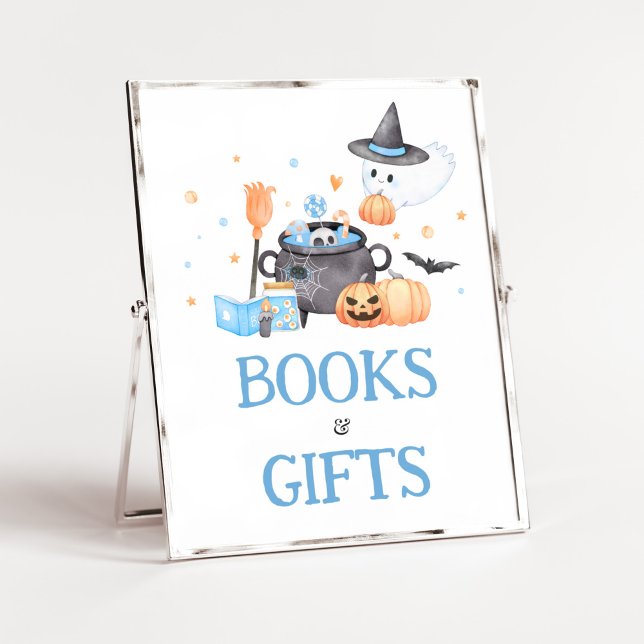 Póster Bebé está preparando libros y regalos azules de Ha (Baby is Brewing Baby Shower Books and Gifts Sign)
