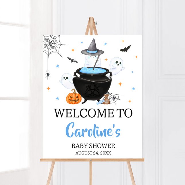 Póster Bebé Fantasma Azul de Halloween se está preparando (Baby is Brewing Baby Shower Welcome Sign)