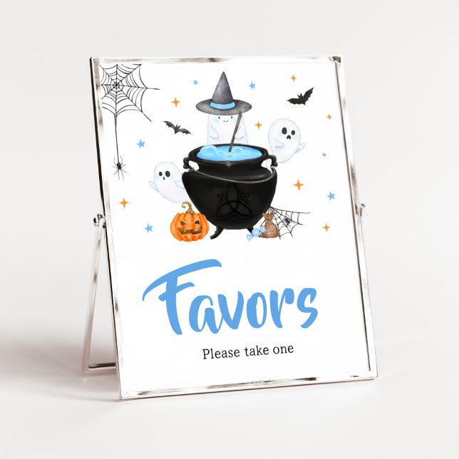 Póster Bebé Fantasma Azul Halloween está preparando favor (Baby is Brewing Baby Shower Favors Sign)