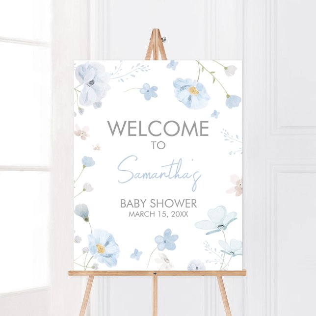 Póster Bebé Floral Primavera Azul en la bienvenida en flo (Blue Spring Floral Baby in Bloom Baby Shower Welcome Sign)