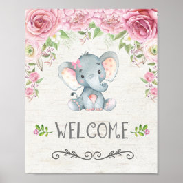 Póster Bebé floral rosa Elefante Chica signo de bienvenid
