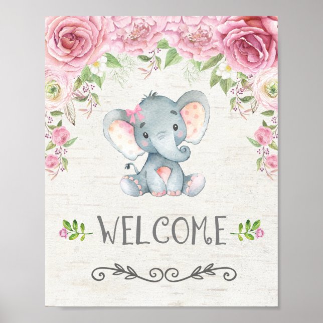 Póster Bebé floral rosa Elefante Chica signo de bienvenid (Frente)