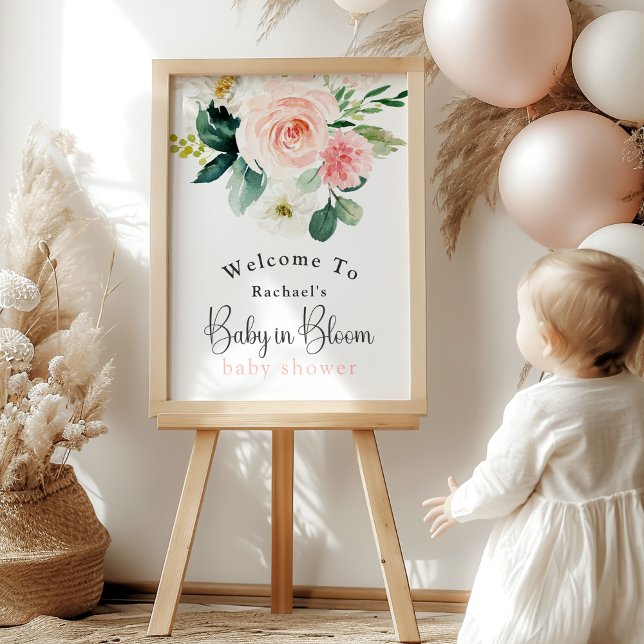 Póster Bebé floral rosado femenino en Baby Shower en flor (This poster may be ordered as a printed poster or an instant download digital file.)