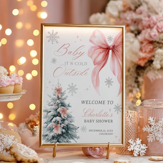 Póster Bebé, hace frío afuera, fiesta de bienvenida de Wi (Baby it's cold outside Winter Girl Baby Shower Poster)