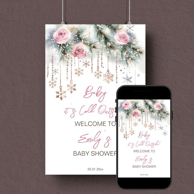 Póster Bebé, hace frío fuera de la ducha de bebé bienveni (Baby it's cold outside winter baby shower editable template  welcome sign poster digital download)