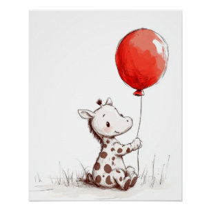 Póster Bebé Jirafa Adorable con Globo Rojo