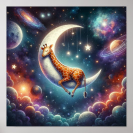 Póster Bebé jirafa celestial durmiendo en la luna y las e