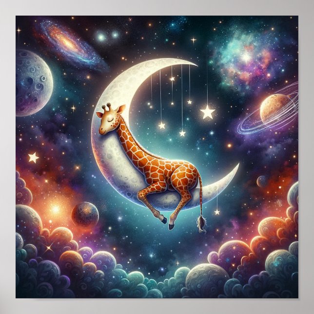 Póster Bebé Jirafa Celestial Durmiendo en la Luna y las E (Frente)