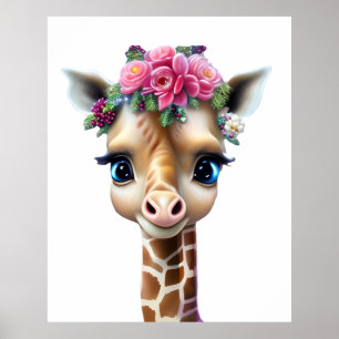 Póster Bebé jirafa linda con flores y acebo