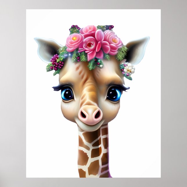 Póster Bebé jirafa linda con flores y acebo (Frente)