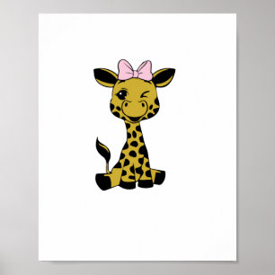 Póster bebe jirafa linda con lazo rosa