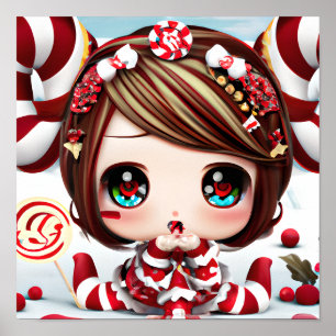 Póster Bebé kawaii de Navidad con dulces y ojos brillante