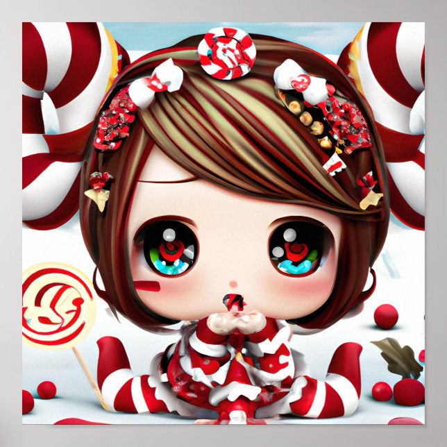 Póster Bebé kawaii de Navidad con dulces y ojos brillante (Frente)