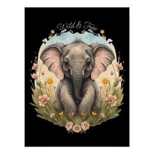 Póster Bebé lindo Elefante Calf Flor silvestre Wanderlust
