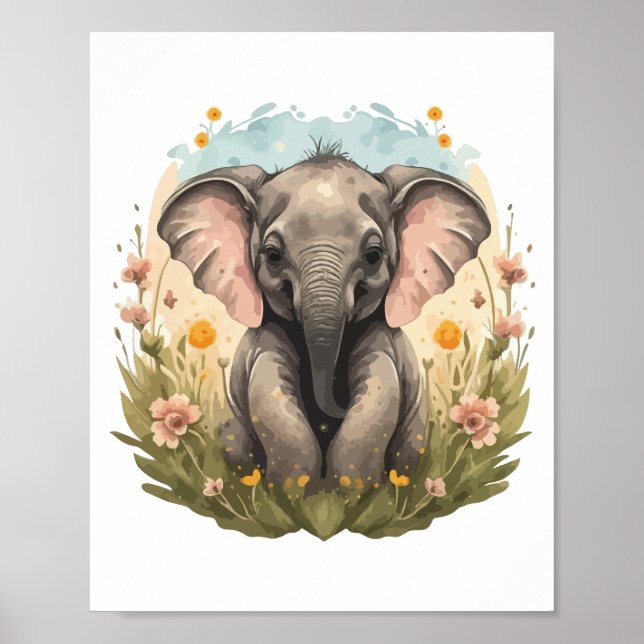 Póster Bebé lindo Elefante Calf Flor silvestre Wanderlust (Frente)