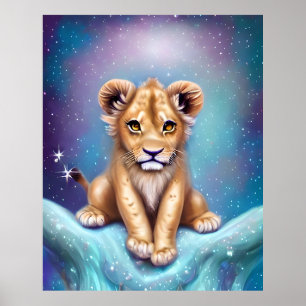 Póster Bebé lindo Lion Cub fondo nevado