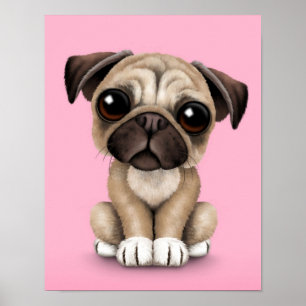Póster Bebé lindo pug perro cachorro en rosa