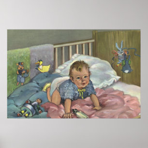 Póster Bebé lindo vintage jugando en cuna, hora de la sie