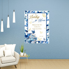 Póster Bebé mariposa azul y oro en Baby Shower en flor