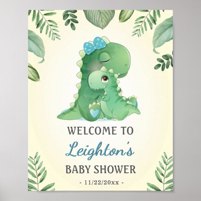 Póster Bebé Momma Dinosaurios Bebé Azul Bienvenida (Frente)