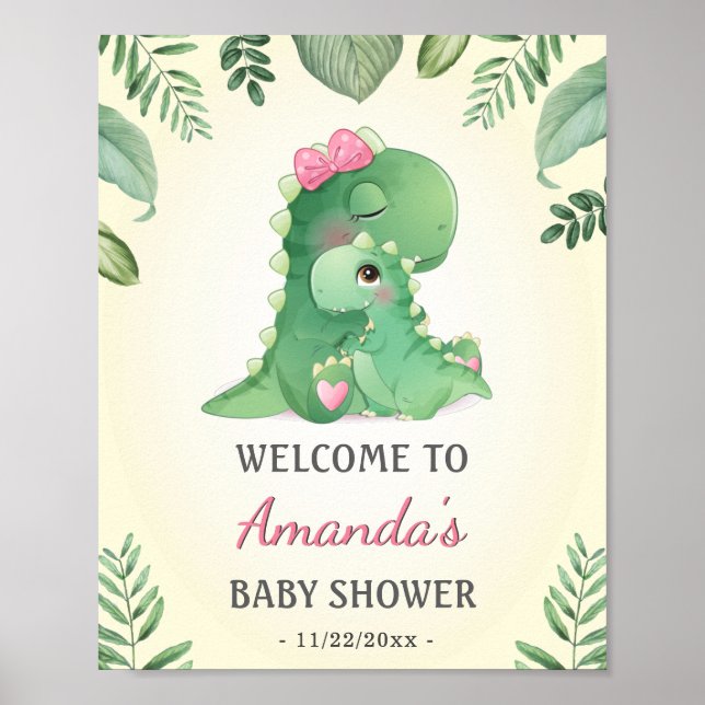 Póster Bebé Momma Dinosaurios Bebé Rosa Bebé Bienvenida (Frente)