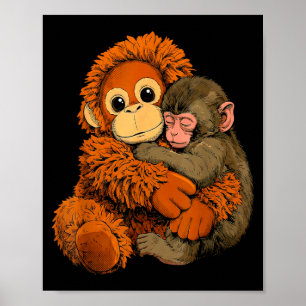 Póster Bebé mono golpea a mamá mono juguete abrazo cálido