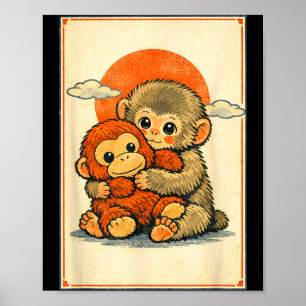 Póster Bebé mono kawaii lindo macaco japonés ukiyo-e