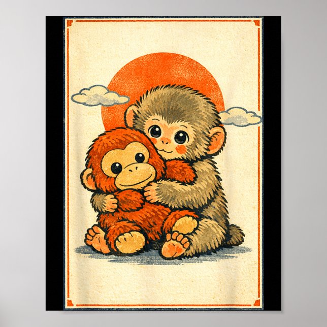 Póster Bebé mono kawaii lindo macaco japonés ukiyo-e (Frente)