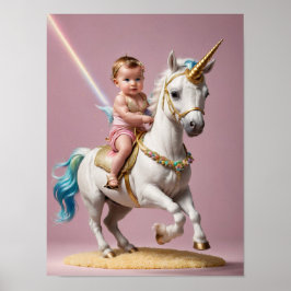 Póster Bebé montando un unicornio