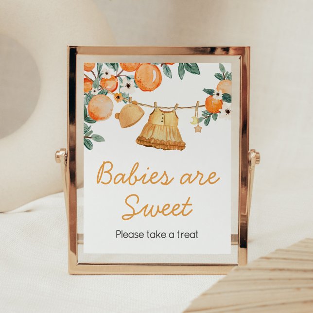 Póster Bebé Naranja de la línea de ropa Fruta Los bebés s (Baby Clothesline Orange Baby Shower Babies are Sweet Sign)