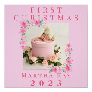 Póster Bebé Niña Primera Navidad blanda Marco floral rosa