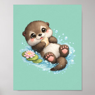Póster Bebé Nutria Adorable Flotando en Agua Verde Menta