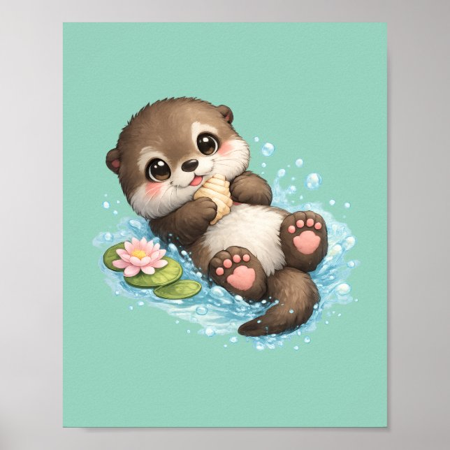 Póster Bebé Nutria Adorable Flotando en Agua Verde Menta  (Frente)