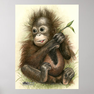 Póster Bebé Orangután Con Hojas