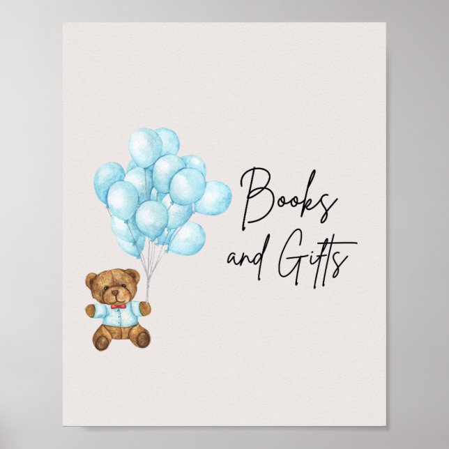 Póster Bebé oso azul Baby Shower Libros y regalos (Frente)