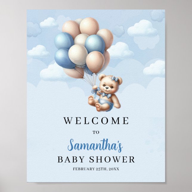 Póster Bebé oso azul globos de marfil bienvenida Baby Sho (Frente)
