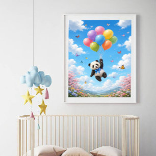 Póster Bebé panda flotando globos coloridos