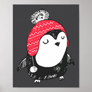 Póster Bebé pingüino lindo de Navidad con gorro de invier