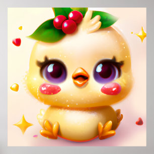 Póster Bebé Pollo Kawaii Lindo con Acebo