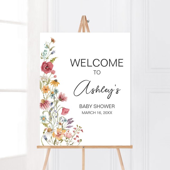 Póster Bebé primaveral en la bienvenida de Baby Shower en (Boho Wildflower Baby Shower Welcome Sign)