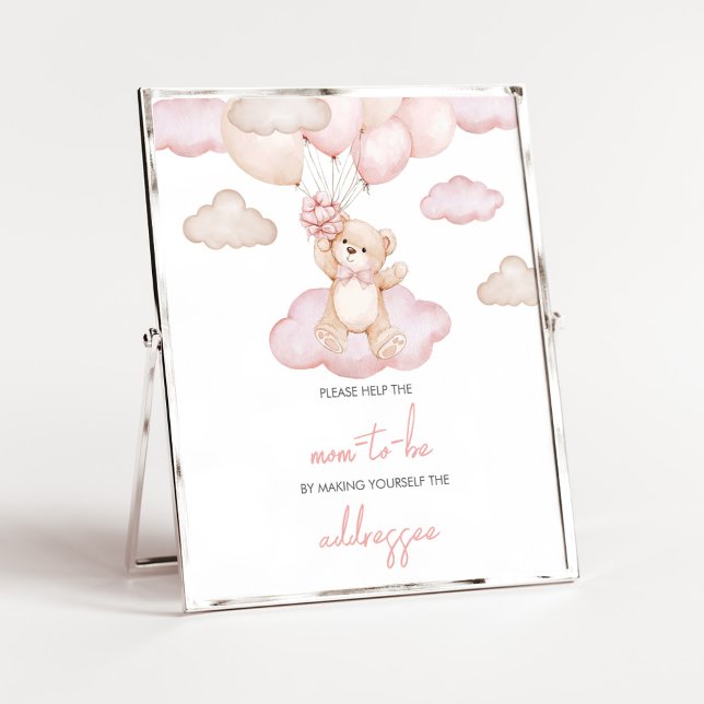 Póster Bebé rosa Bear Balloon BabyShower Envelope Station (Pink Baby Bear Balloon Baby Shower Envelope Station Sign)
