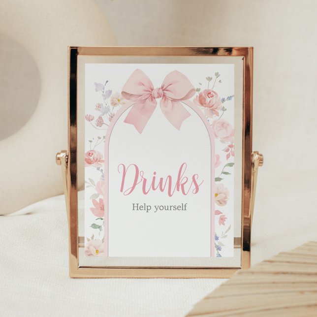 Póster Bebé rosa floral en bebida de Baby Shower en sangr (Pink Bow Baby in Bloom Baby Shower Drinks Sign)